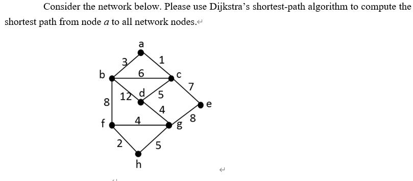 Consider the network below. Please use Dijkstra's shortest-path algorithm to compute the shortest path from