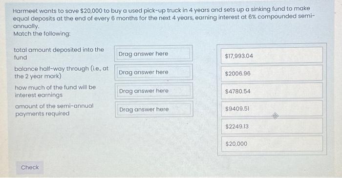 Harmeet wants to save $20,000 to buy a used pick-up truck in 4 years and sets up a sinking fund to make equal