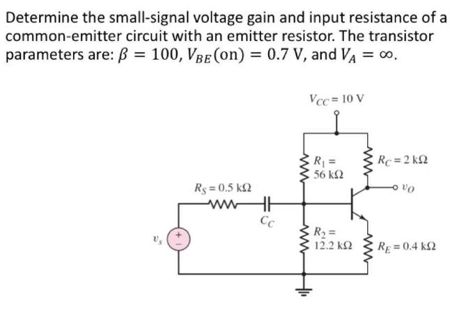 Determine the small-signal voltage gain and input resistance of a common-emitter circuit with an emitter