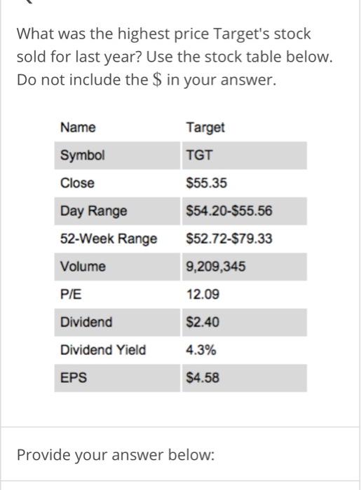 What was the highest price Target's stock sold for last year? Use the stock table below. Do not include the $