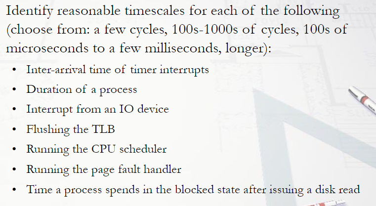 Identify reasonable timescales for each of the following (choose from: a few cycles, 100s-1000s of cycles,