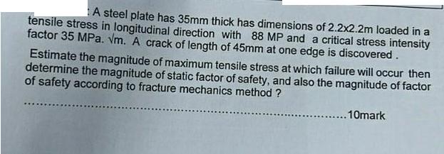 A steel plate has 35mm thick has dimensions of 2.2x2.2m loaded in a tensile stress in longitudinal direction