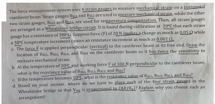 The force measurement system uses 4 strain gauges to measure mechanical strain on a horizontal cantilever