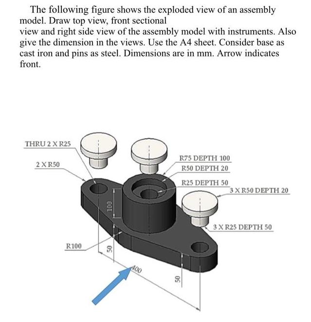 The following figure shows the exploded view of an assembly model. Draw top view, front sectional view and