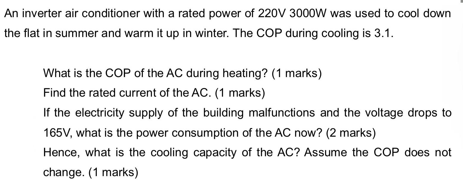 An inverter air conditioner with a rated power of 220V 3000W was used to cool down the flat in summer and