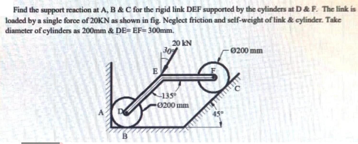 Find the support reaction at A, B & C for the rigid link DEF supported by the cylinders at D & F. The link is