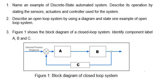 1. Name an example of Discrete-State automated system. Describe its operation by stating the sensors,