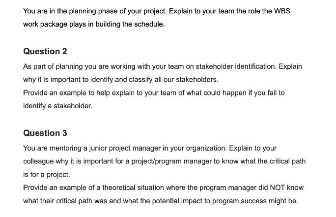 You are in the planning phase of your project. Explain to your team the role the WBS work package plays in