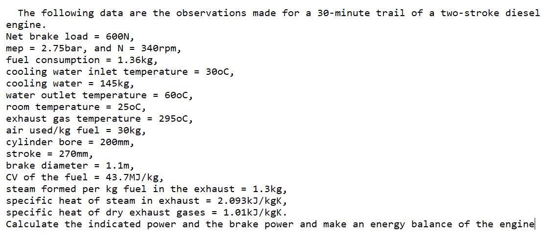 The following data are the observations made for a 30-minute trail of a two-stroke diesel engine. Net brake