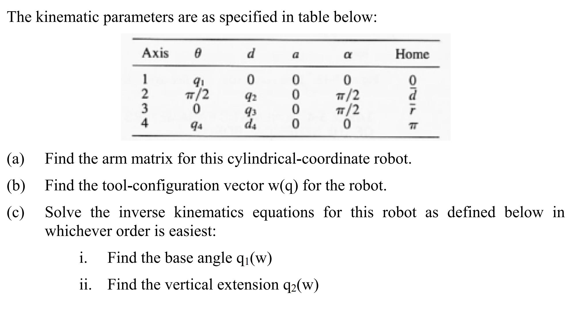 The kinematic parameters are as specified in table below: Axis 1 2 3 4 8 91 /2 0 94 d 0 da 0 0 0 0 0 TT/2