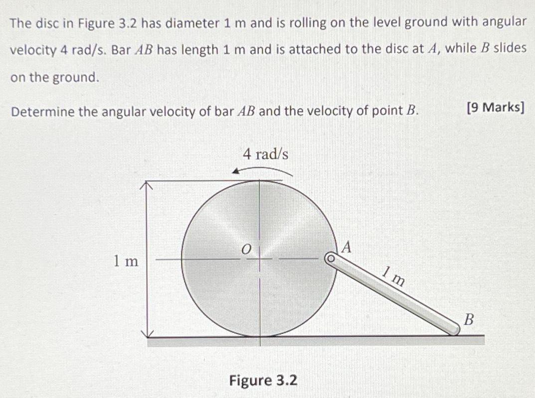 The disc in Figure 3.2 has diameter 1 m and is rolling on the level ground with angular velocity 4 rad/s. Bar