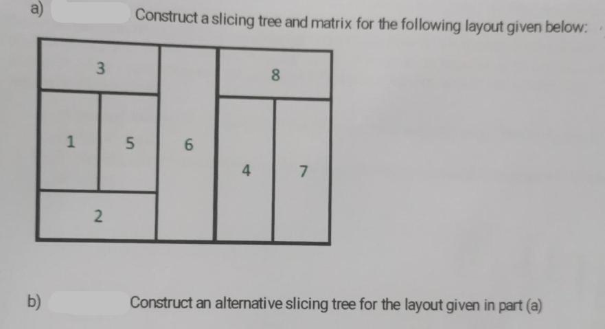 a) b) 1 3 2 Construct a slicing tree and matrix for the following layout given below: 5 6 4 8 7 Construct an