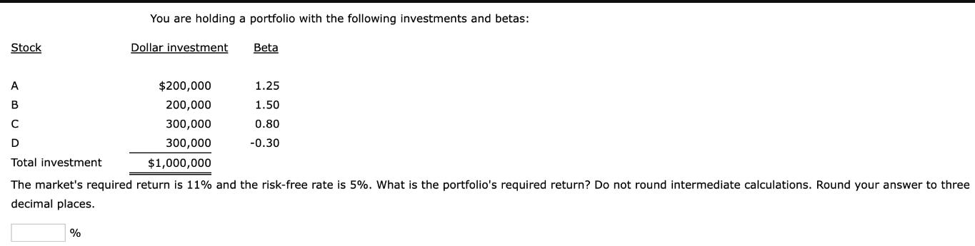 Stock You are holding a portfolio with the following investments and betas: % Dollar investment Beta A