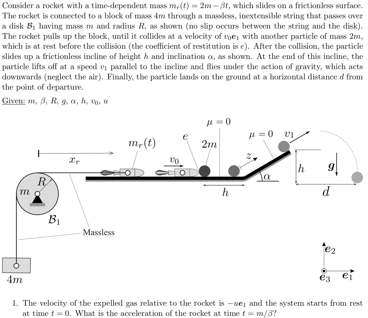 Consider a rocket with a time-dependent mass mr(t) = 2m  t, which slides on a frictionless surface. The