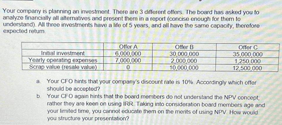 Your company is planning an investment. There are 3 different offers. The board has asked you to analyze