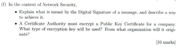 (f) In the context of Network Security, Explain what is meant by the Digital Signature of a message, and