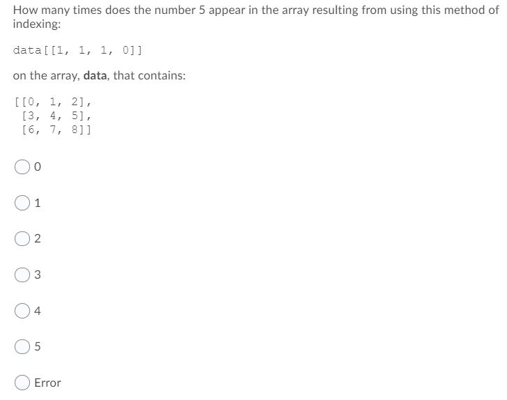 How many times does the number 5 appear in the array resulting from using this method of indexing: data [[1,
