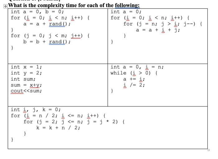 What is the complexity time for each of the following: int a = 0, b = 0; int a = 0; for (i 0; i