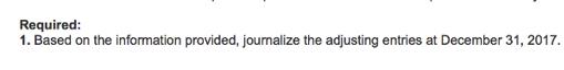 Required: 1. Based on the information provided, journalize the adjusting entries at December 31, 2017.