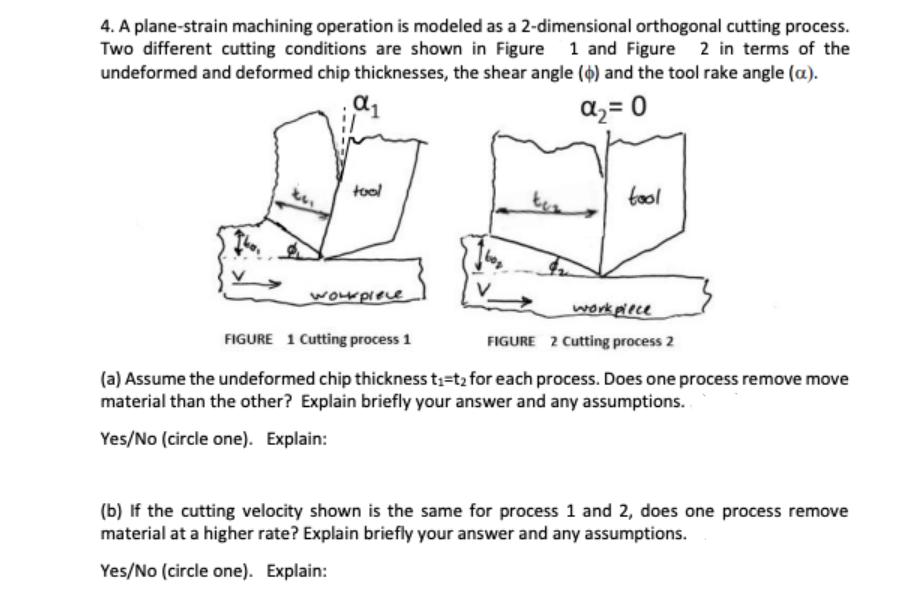 4. A plane-strain machining operation is modeled as a 2-dimensional orthogonal cutting process. Two different