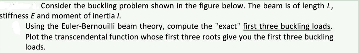 Consider the buckling problem shown in the figure below. The beam is of length L, stiffness E and moment of