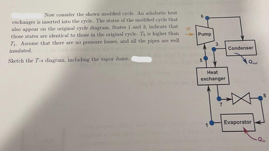 Now consider the shown modified cycle. An adiabatic heat exchanger is inserted into the cycle. The states of