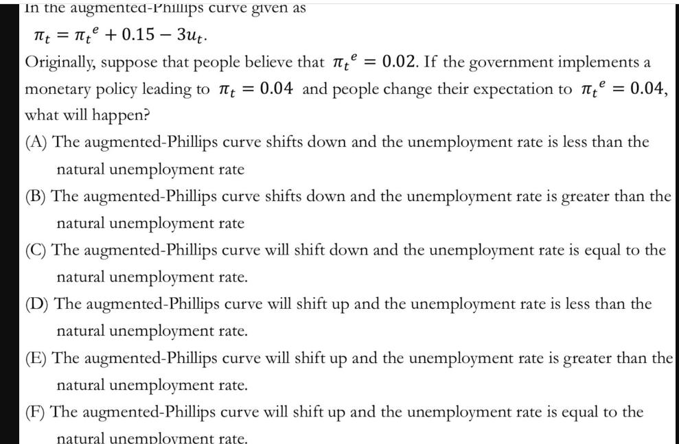 In the augmented-Phillips curve given as e t = t +0.15 - - 3ut. Originally, suppose that people believe that