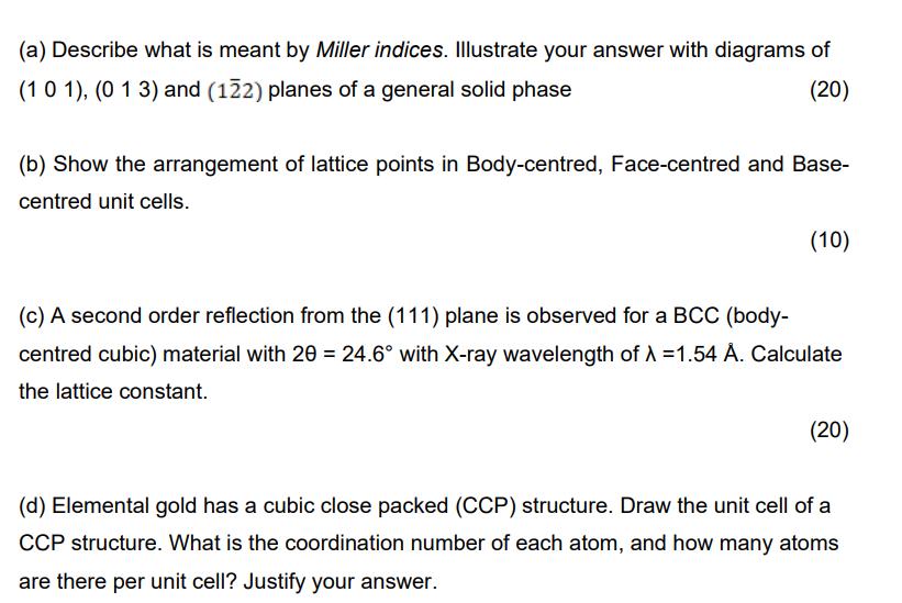 (a) Describe what is meant by Miller indices. Illustrate your answer with diagrams of (101), (013) and (122)