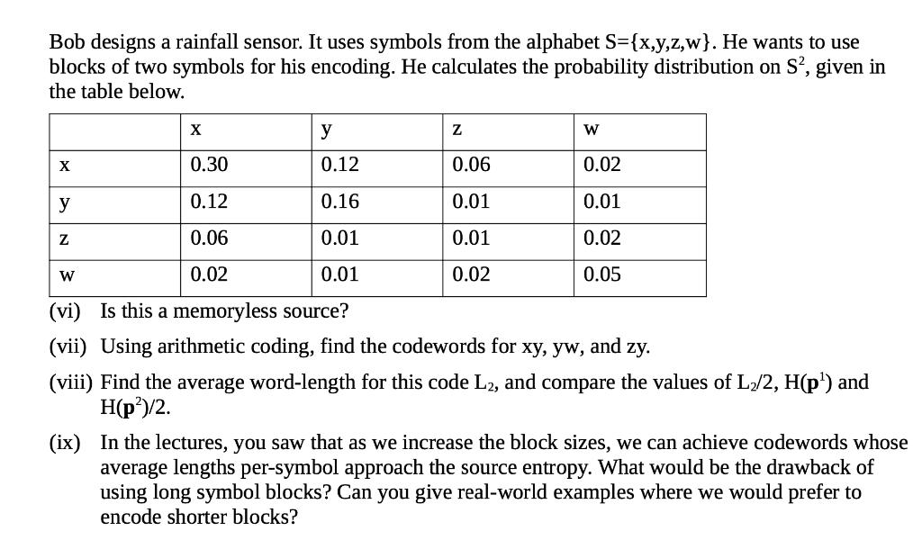 Bob designs a rainfall sensor. It uses symbols from the alphabet S={x,y,z,w}. He wants to use blocks of two