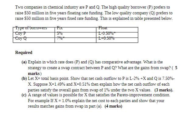 Two companies in chemical industry are P and Q. The high quality borrower (P) prefers to raise $50 million in