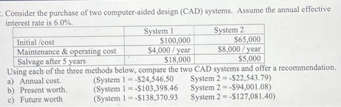 E. Consider the purchase of two computer-aided design (CAD) systems. Assume the annual effective interest