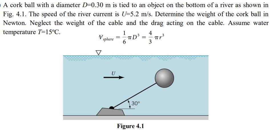 A cork ball with a diameter D=0.30 m is tied to an object on the bottom of a river as shown in Fig. 4.1. The