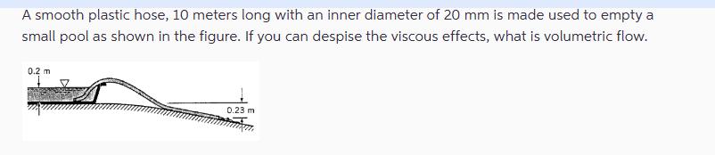 A smooth plastic hose, 10 meters long with an inner diameter of 20 mm is made used to empty a small pool as