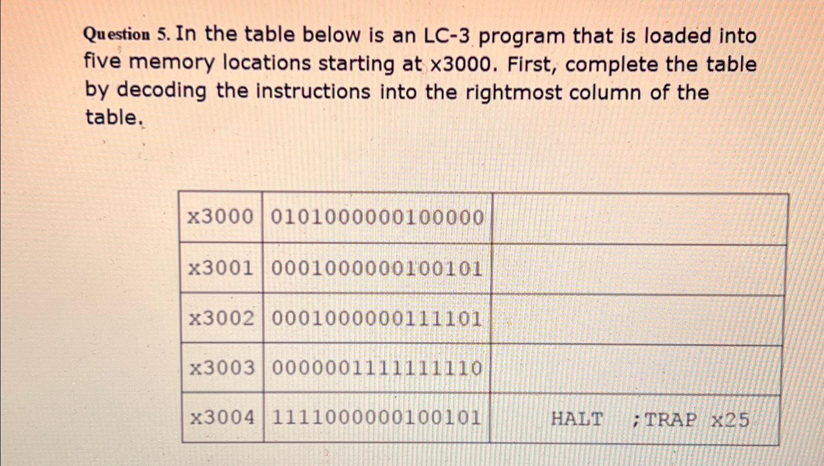 Question 5. In the table below is an LC-3 program that is loaded into five memory locations starting at