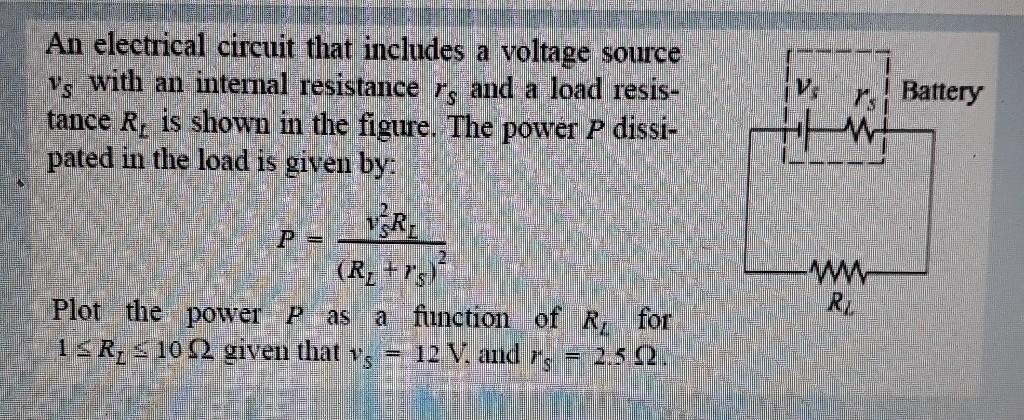 An electrical circuit that includes a voltage source vs with an internal resistance, and a load resis- tance