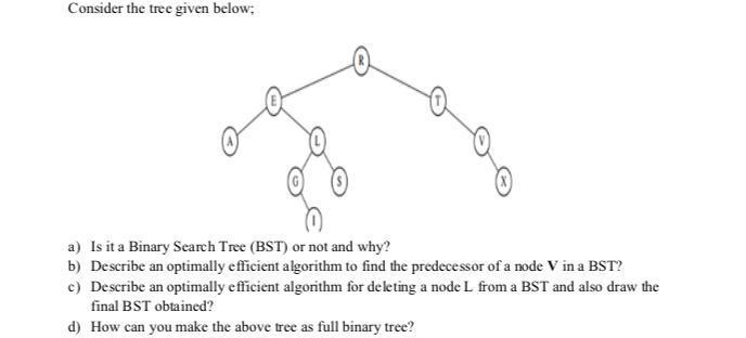 Consider the tree given below; a) Is it a Binary Search Tree (BST) or not and why? b) Describe an optimally