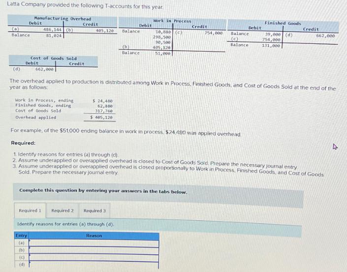 Latta Company provided the following T-accounts for this year. (a) Balance Manufacturing Overhead 486,144 (b)