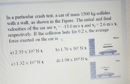 In a particular crash test, a car of mass 1500 kg collides with a wall, as shown in the Figure. The initial