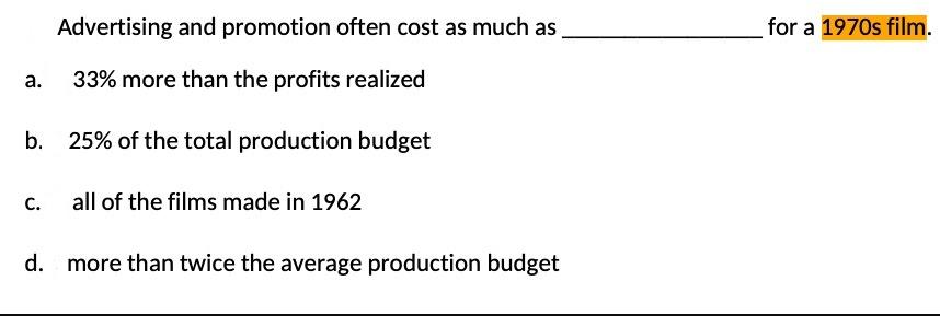 Advertising and promotion often cost as much as 33% more than the profits realized b. 25% of the total