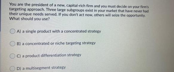 You are the president of a new, capital-rich firm and you must decide on your firm's targeting approach.