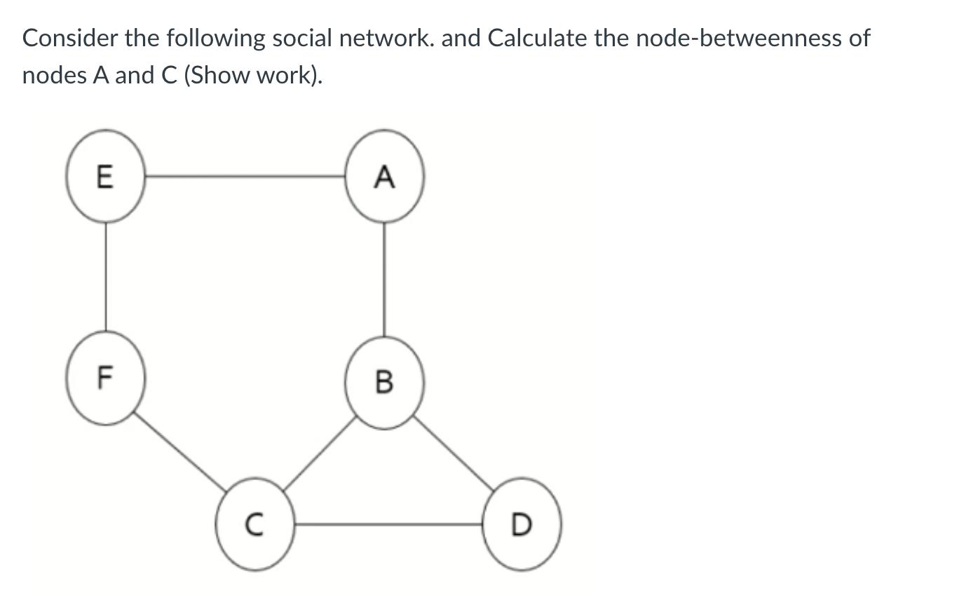Consider the following social network. and Calculate the node-betweenness of nodes A and C (Show work). E TI