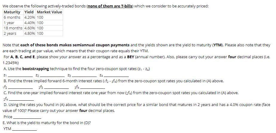 We observe the following actively-traded bonds (none of them are T-bills) which we consider to be accurately