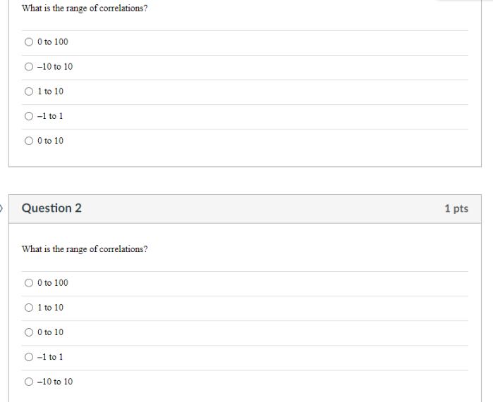 O What is the range of correlations? 0 to 100 -10 to 10 1 to 10 -1 to 1 0 to 10 Question 2 What is the range