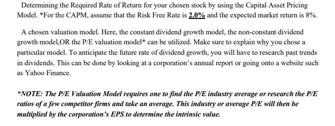 Determining the Required Rate of Return for your chosen stock by using the Capital Asset Pricing Model. *For