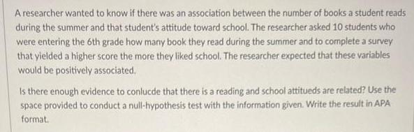 A researcher wanted to know if there was an association between the number of books a student reads during