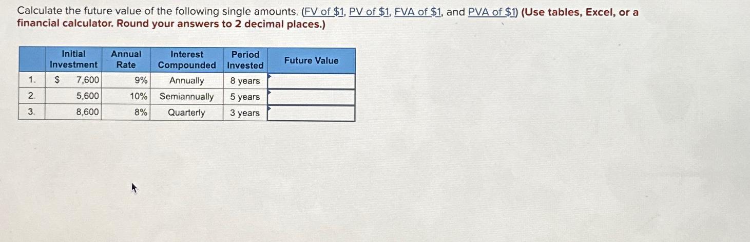 Calculate the future value of the following single amounts. (FV of $1, PV of $1, FVA of $1, and PVA of $1)