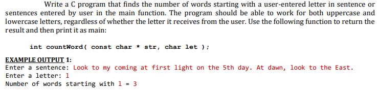 Write a C program that finds the number of words starting with a user-entered letter in sentence or sentences