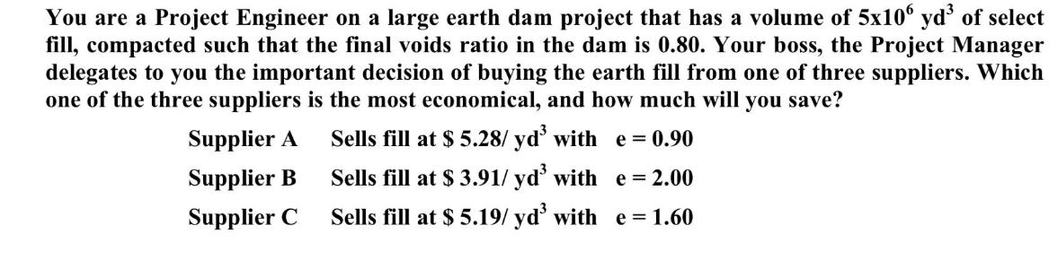 You are a Project Engineer on a large earth dam project that has a volume of 5x106 yd of select fill,