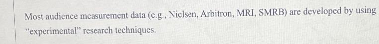 Most audience measurement data (c.g., Nielsen, Arbitron, MRI, SMRB) are 