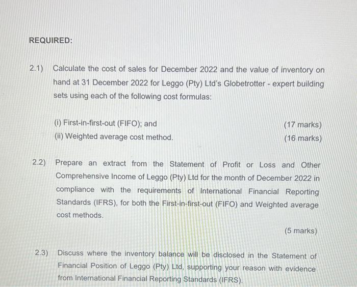 REQUIRED: 2.1) Calculate the cost of sales for December 2022 and the value of inventory on hand at 31